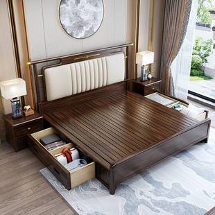 新中式乌金木实木床1.8米主卧别墅双人大床1.5M高箱储物卧室家具