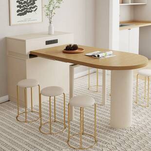 奶油风岛台餐桌一体家用可伸缩半圆桌椭圆可折叠餐桌小户型饭桌椅