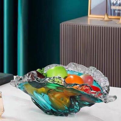 轻蓝色琉玻花瓶波客浪花54040ZH1边水果盘居家厅桌璃面餐桌轻璃奢