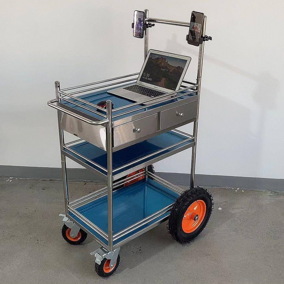 不锈钢广场873直播车移动推小车网红户外拆卸带轮可置物架摆摊工