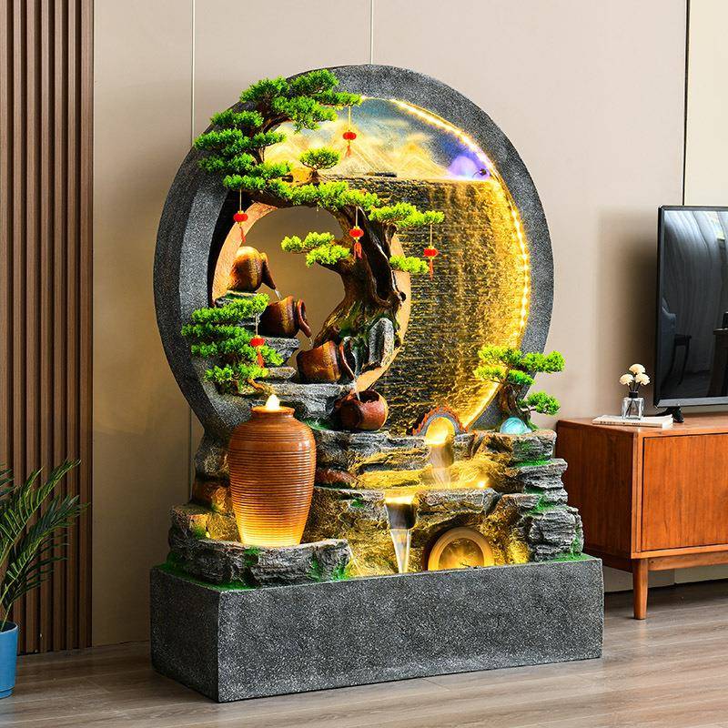 直销假山水幕流水诗墙画屏风客餐厅玄BVG关圆形空镂观鱼缸装饰摆