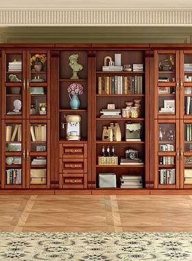 美式复古木书940802#柜书房组合书架花心木一玻璃门体抽实屉储物