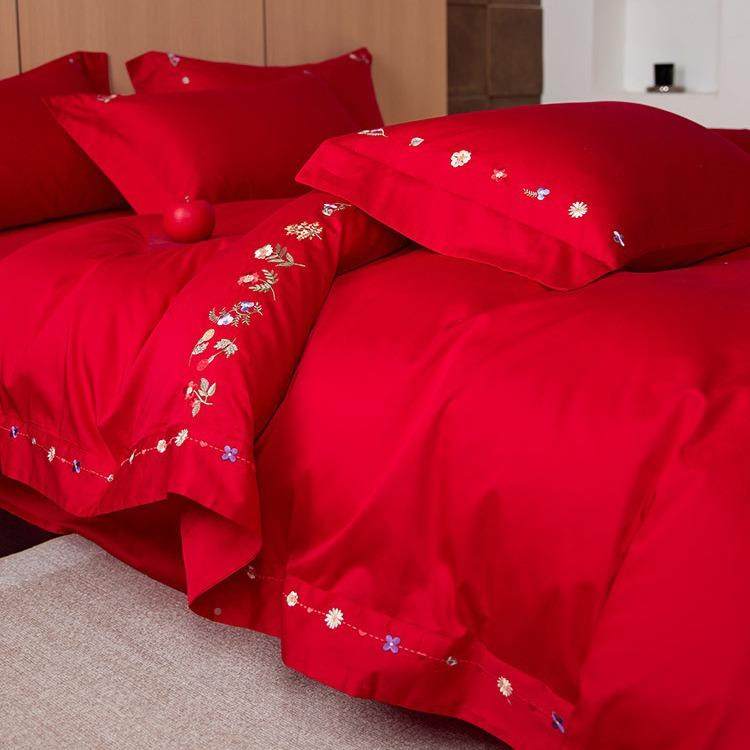 A类婚庆0绣0S长1绒棉四件套高精密刺纯棉结婚大红被色套J床上用品