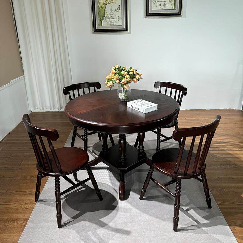 折08款伸风餐桌椅美式法式古5缩实木可叠餐502HT桌中胡桃木色