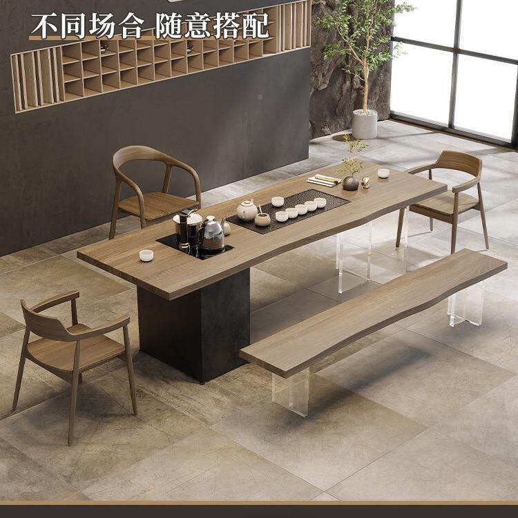 严选实木茶桌茶盘嵌入一MSS大板自体子然边办公室茶台桌带柜茶桌