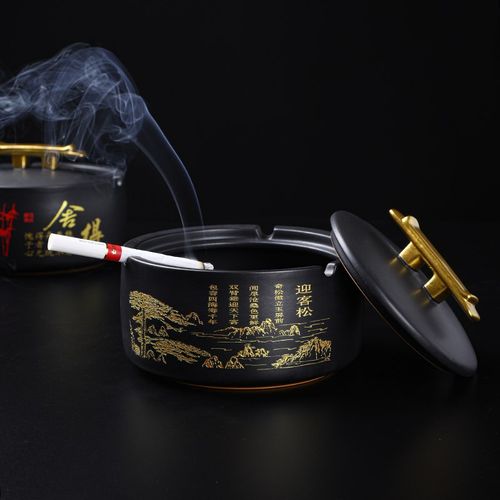 创意描金烟灰缸客厅陶瓷个性潮流中号带盖防飞灰家用茶几摆件礼品