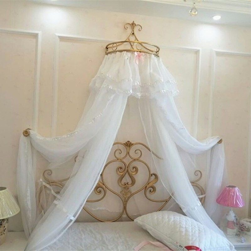 床幔床帘落地蚊帐纯白床幔公主宫廷韩式欧式床头纱幔防蚊含金色架