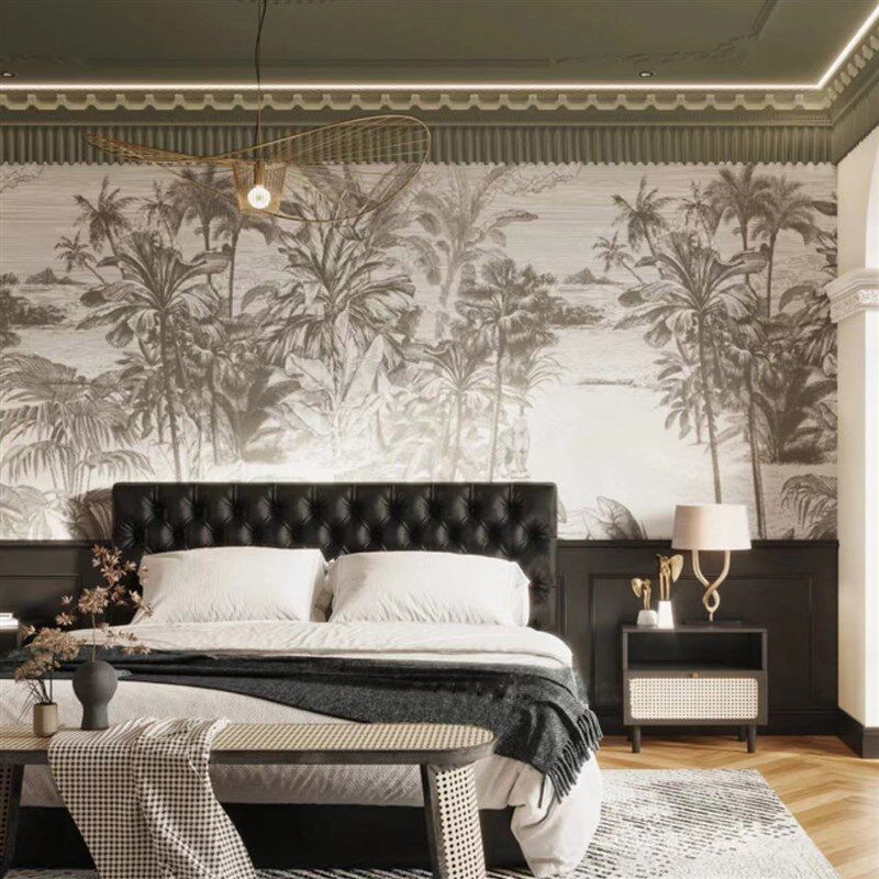 法式复古中古南洋风热带雨林客厅卧室餐厅背景墙无缝墙布定制壁画
