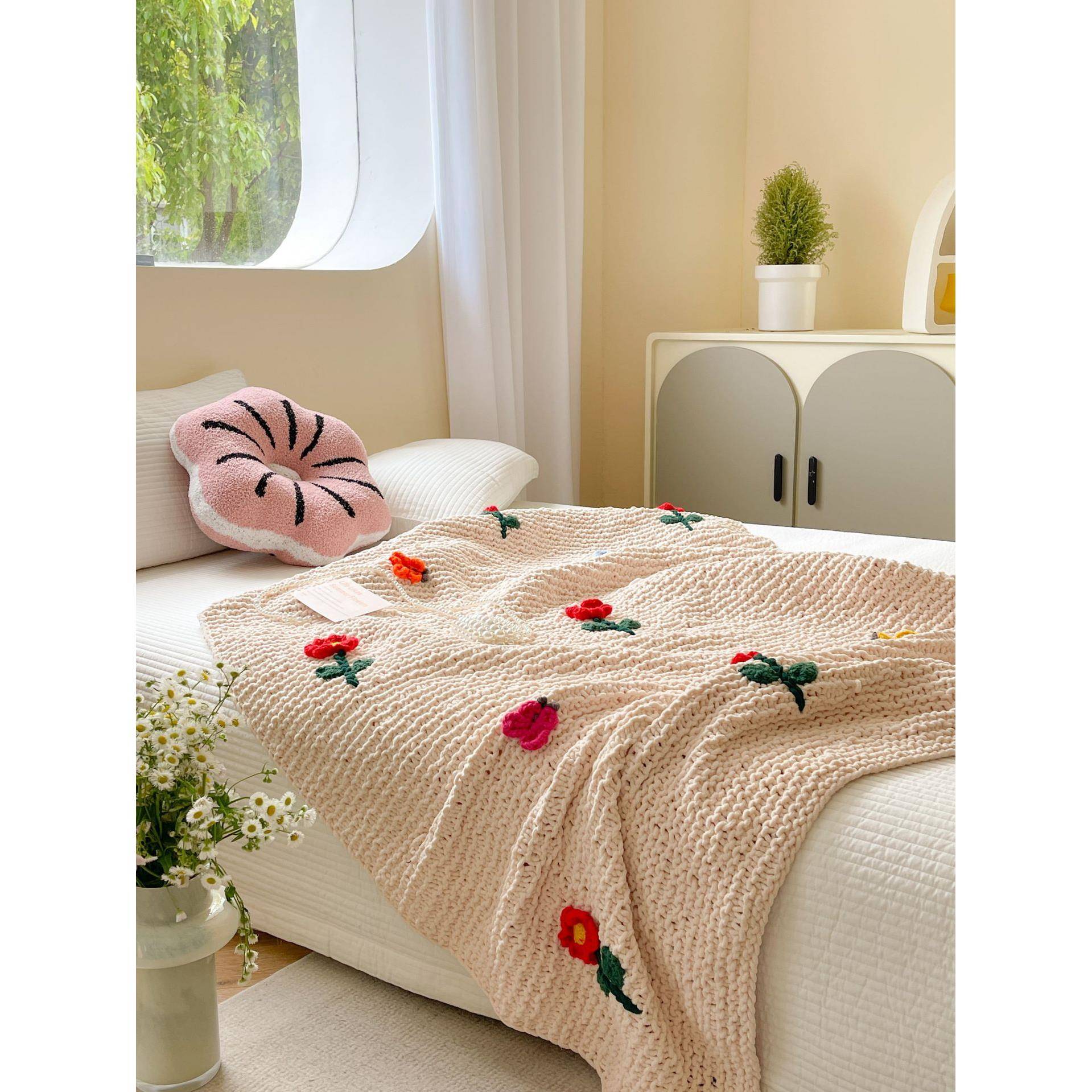 毯纯手工花重工棒针线毯粗毛线子民宿立体朵盖毯664351风冰条绒毛