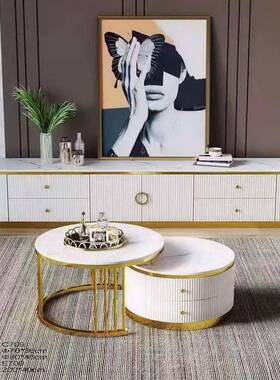 轻奢不锈钢钛电金岩板茶42235几视柜视大套小圆子母茶几带抽屉成