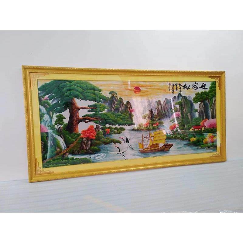 ?迎客松十字绣成品纯手景工好的财运版客厅山水风画Fh(d$pb*裱已