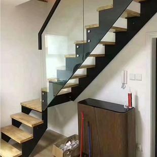 家用SUQ钢楼梯转式折楼复层室内别墅梯玻璃钢板双梁组装直木爬梯