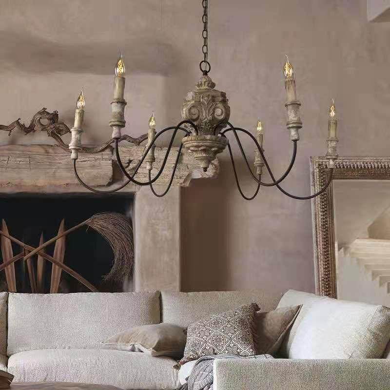 墅9414-6美式乡村法式实木雕刻复古做旧吊灯客餐厅厅卧室别复楼式