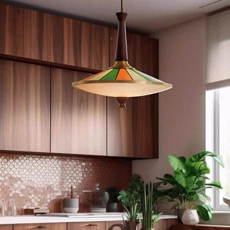 中古全铜实木餐厅吊灯创复古彩色餐桌意台岛台灯形DSHLX圆卧室飞