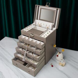 大量现货超纤皮大容量多层盒中盒内配复古流苏钥匙锁珠宝首饰盒