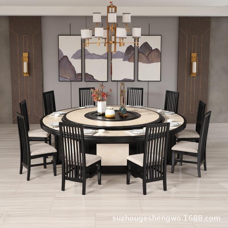 酒店餐桌仿大理石大圆桌10人20人饭店包厢会所新中式电动转盘圆桌