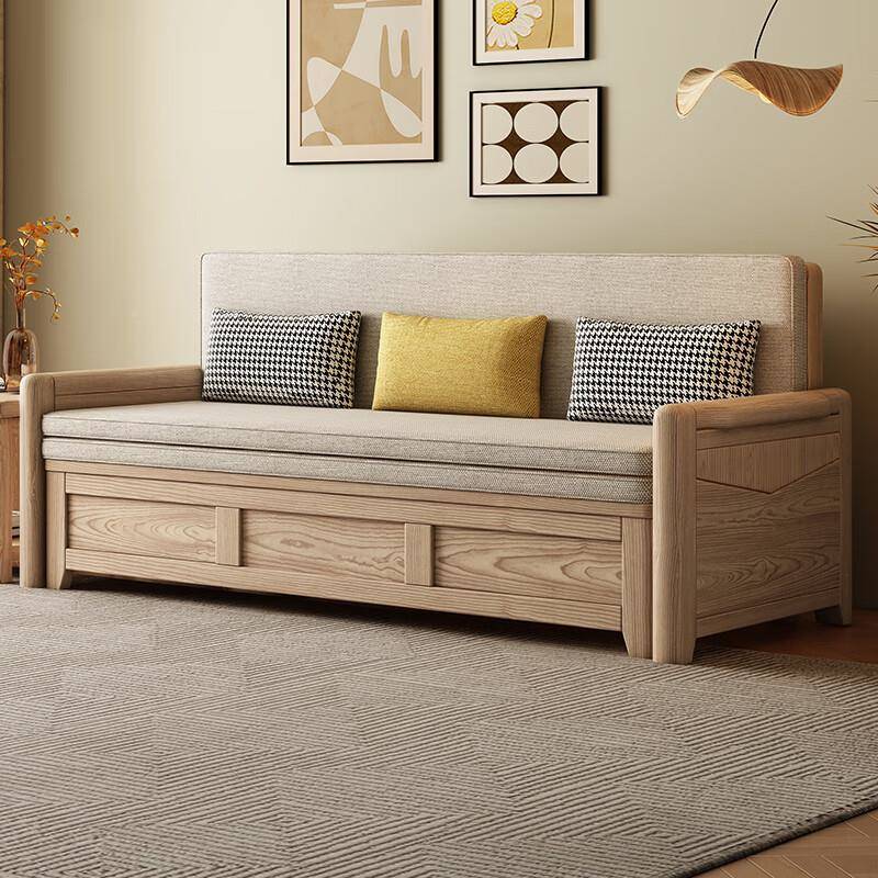 f缩t白蜡木实木沙发床多功能推拉2346沙发储厅双人床书房客折叠伸