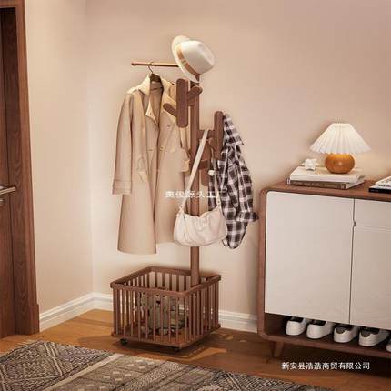 实落木衣架地衣帽架卧室可移衣动YMJ004家用脏篓置物架挂衣架多功