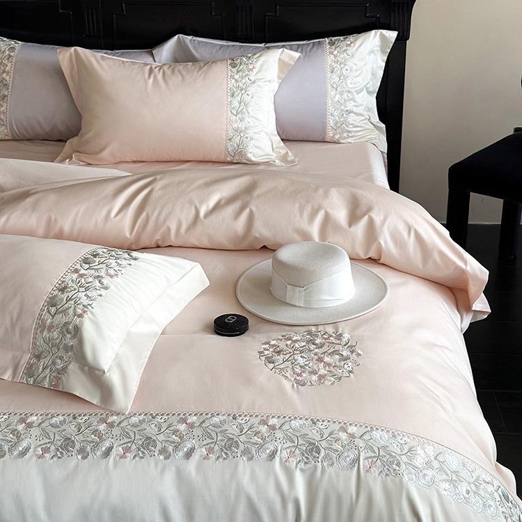 漫奢1轻0浪0S贡缎长绒ZCP棉全棉床单件套高端花四卉刺绣被套床上