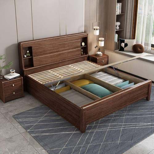 新中式胡桃实木床1.8米双人床式1.5木米单人床中家用气压WNS-T121