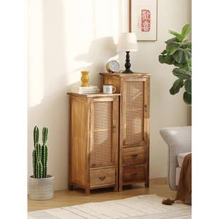 田园藤编斗柜子带门靠墙窄柜储物柜户客3535缝厅夹立柜小型沙发边