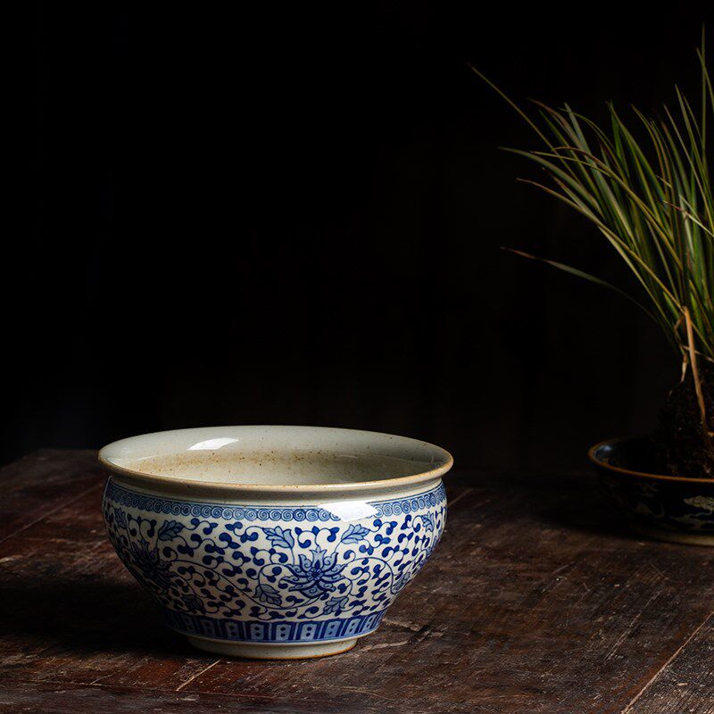 独清 青花缠枝莲茶洗 陶瓷水盂茶渣斗烟灰缸功夫茶具笔洗建水手工