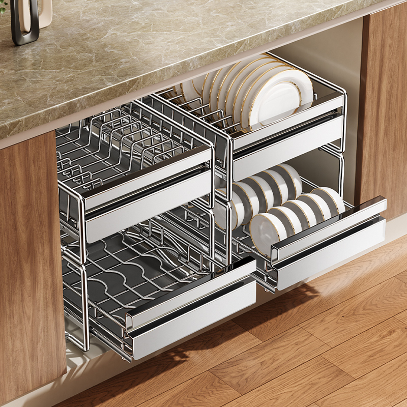 厨房抽拉碗碟架抽屉式拉篮橱柜内置沥水碗架碗盘收纳一体置物架子