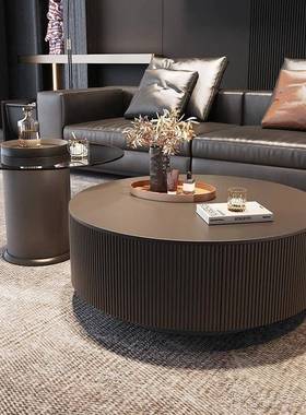 雕浮圆岩板HKT茶几组合黑色现小代客厅家用户形型简约款意式轻奢