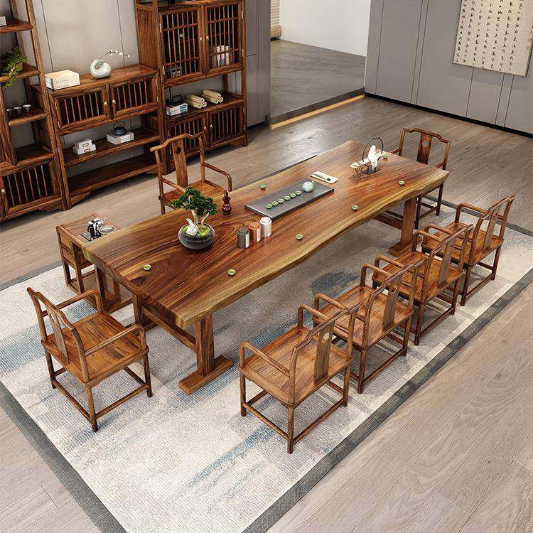 新中黑胡桃木木茶式原木大板自然边实茶CRX台客厅办公室洽谈桌茶