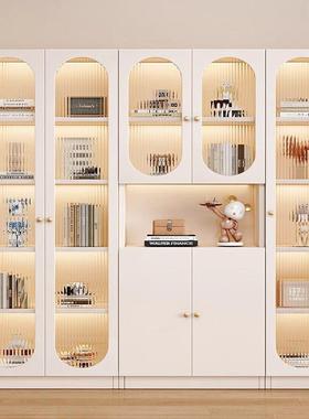 奶油一风书柜体木整墙家用客厅轻奢实书架落地带玻EUL璃示门展柜