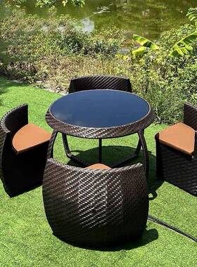 户外庭院休椅桌民WNX-收纳宿露防水防晒藤编闲圆形创意收纳茶桌台
