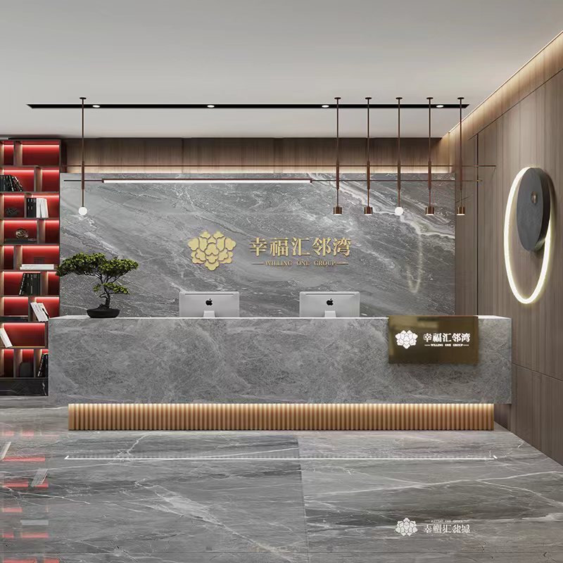 新中式公司前台接待台酒店迎宾吧台简约大理石纹烤漆轻奢收银台