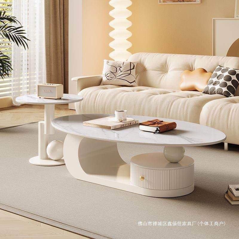 约红奶油简风岩板椭圆形茶新几客厅EUE铁艺茶几小户型款网茶桌边