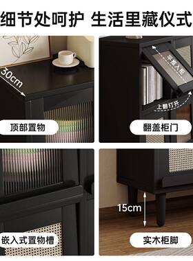 中古木实书书柜落地置物柜储物柜客厅收纳柜餐TTD边黑色格子柜门