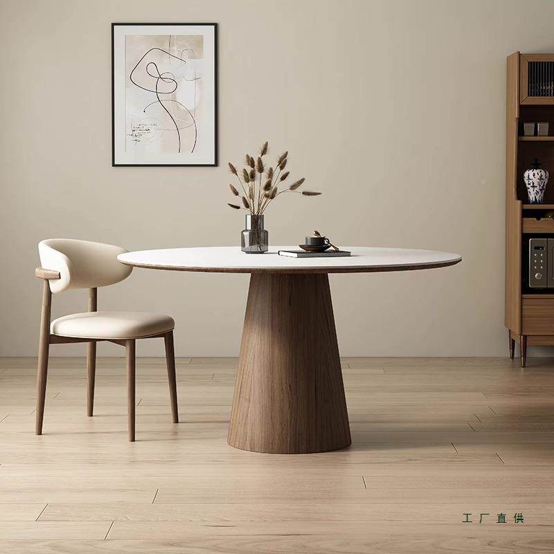 现代木简风约奶油实木岩板圆餐桌纯白带转盘家用985吃饭桌原色圆