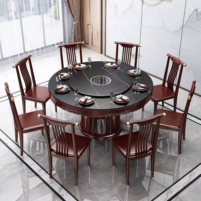 新810#中式餐桌岩板桌实木餐椅组合家用带转盘人圆桌10酒店大吃饭