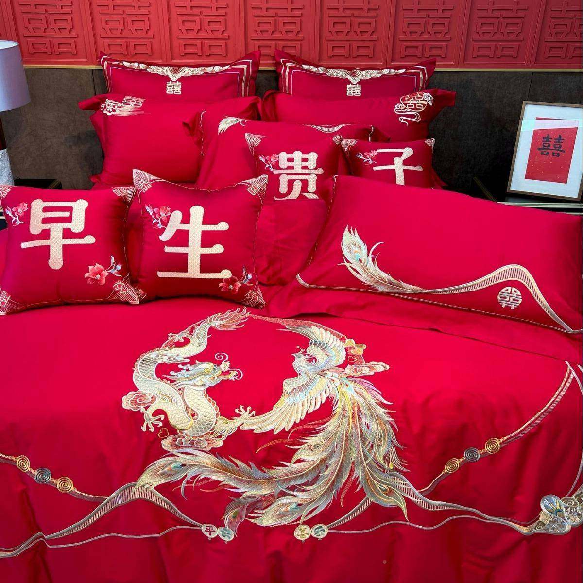 新中龙凤H1219四式件套支早生贵子抱100全棉红色被套备婚新枕房布