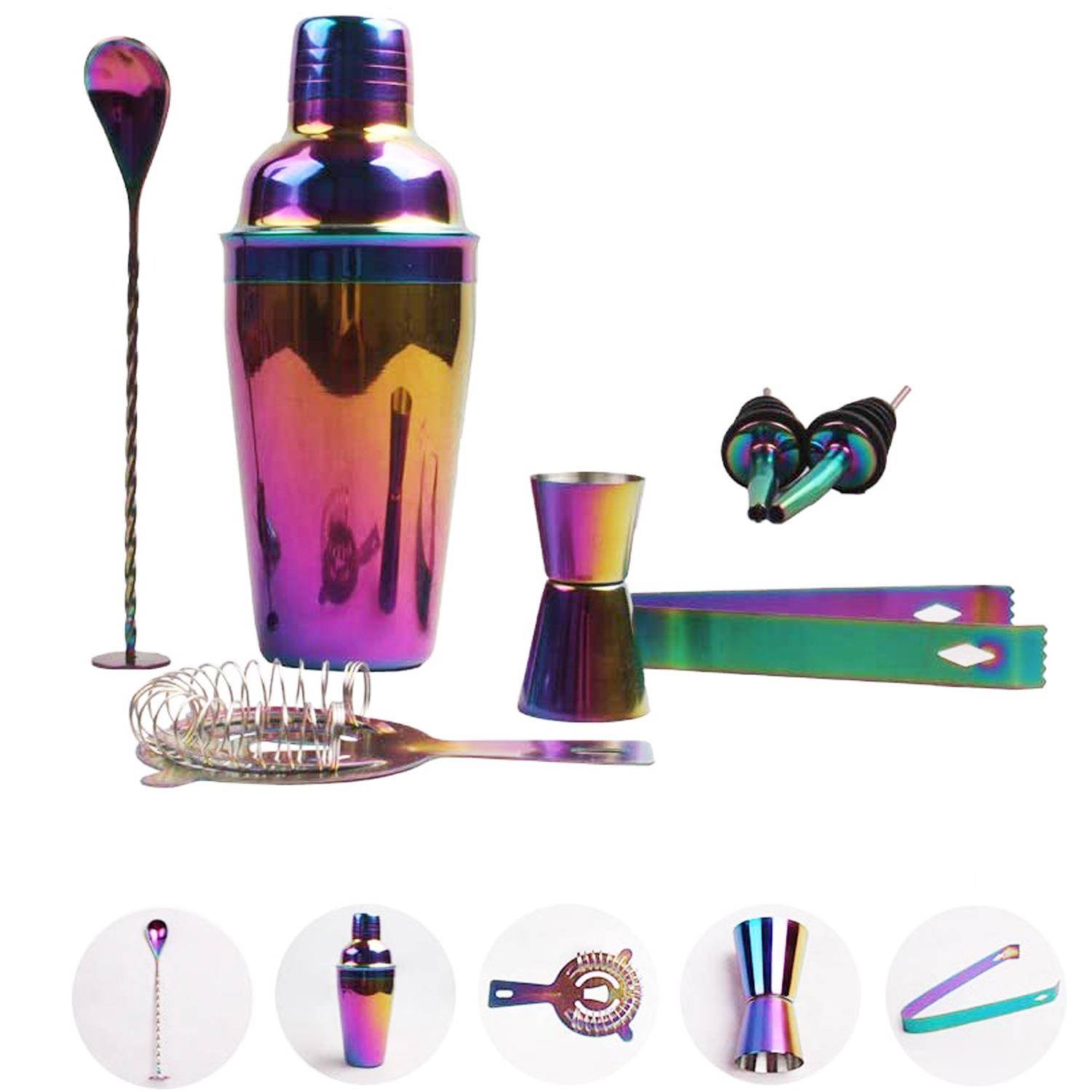 现热销彩虹七彩不锈钢酒器KM-TZS38调套装酒货吧鸡尾酒摇酒器8酒