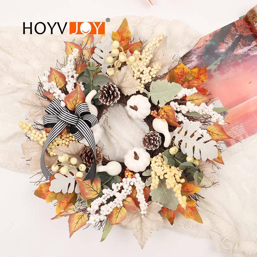 秋季丰收节仿真浆果南瓜枫叶花环感恩节家居前门墙壁装饰藤条挂件