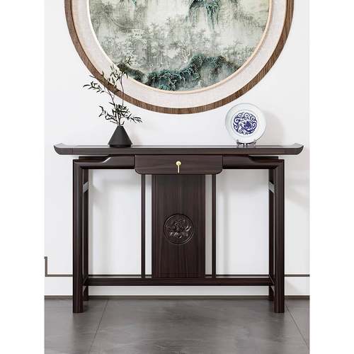 实木新中式入户玄关台案台中式供桌条案条几黄金柚木玄关柜财神桌