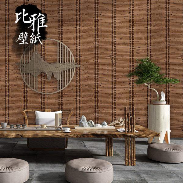 中式墙纸店铺装修竹编草编藤编日式壁纸禅意古风茶室背景饭店商用
