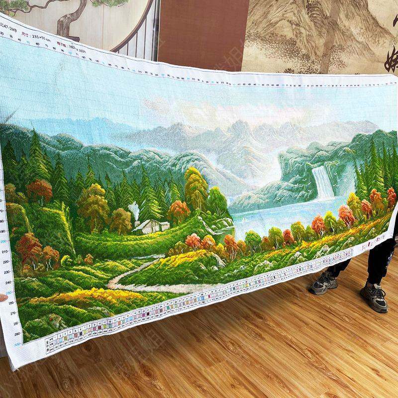聚宝盆十字绣成品不带框纯手工已绣好2025新款线绣客厅高端山水画