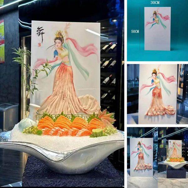 带图案鱼雕盘彩绘亚克力板国潮人物鱼雕版刺身国风装饰新中式背景