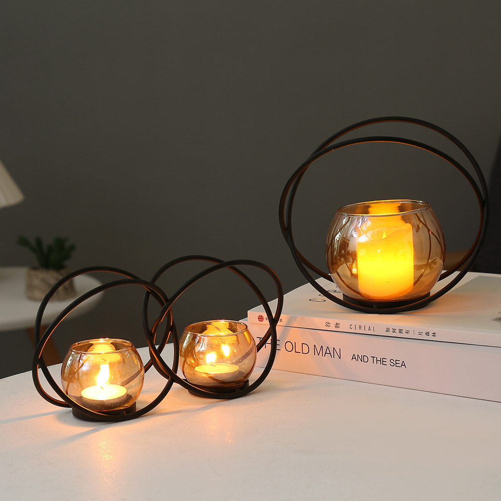 欧式复古铁艺烛台创意几何圆形餐桌烛台摆件香薰烛光晚餐蜡烛台