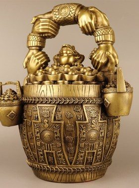 铜一桶金摆件大号铜金蟾金桶握手携手共赢中式桌面门厅办公室招财