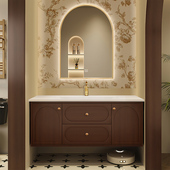 中古风复古浴室柜岩板热弯一体盆定制实木烤漆洗脸洗手台盆柜组合