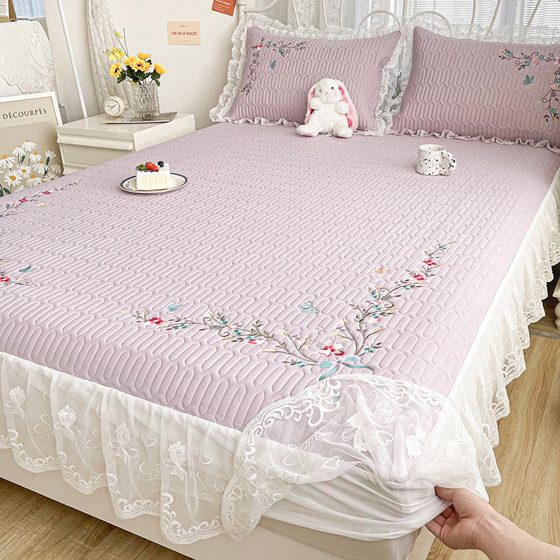 A类紫色乳胶凉席三件套冰丝空调软席花边床笠款床罩床裙款二合一