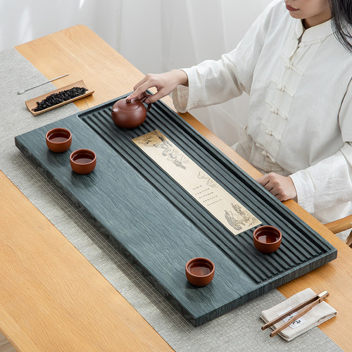 天然绿木纹石茶盘茶台家用简约乌金石电木式大小号茶托盘茶具茶海