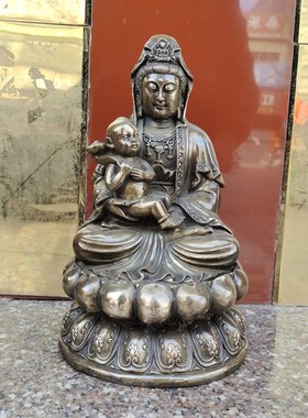 仿古铜观世音菩萨送子观音莲花坐像中式摆件铜童子观音高30公分