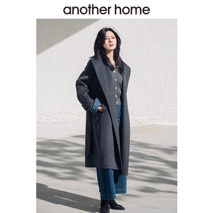 another home绵羊毛呢外套冬季气质新款女装翻领山羊毛气质大衣